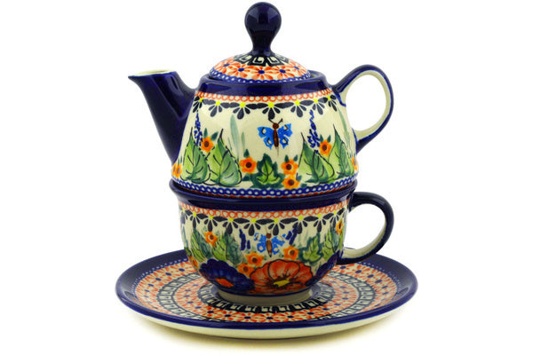 Sunflower Teapot and Tea Cup Set for One Polish Pottery 